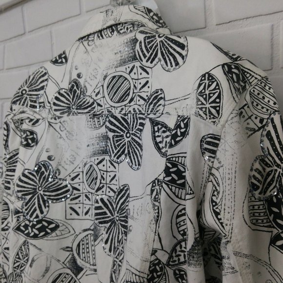 Chicos Black White Jean Jacket Denim Sequined Size 2 Abstract Floral Graphic - Picture 7 of 11
